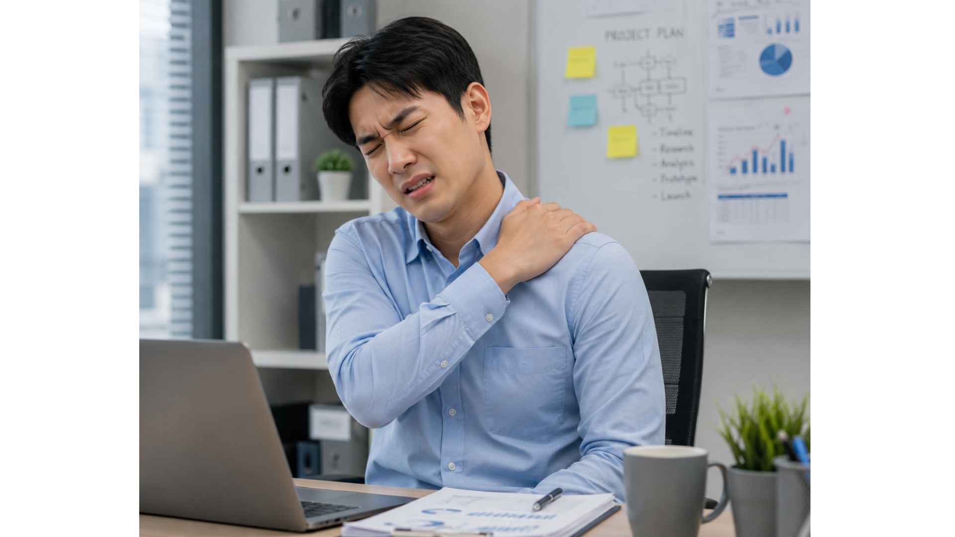 a young man is having shoulder pain when working