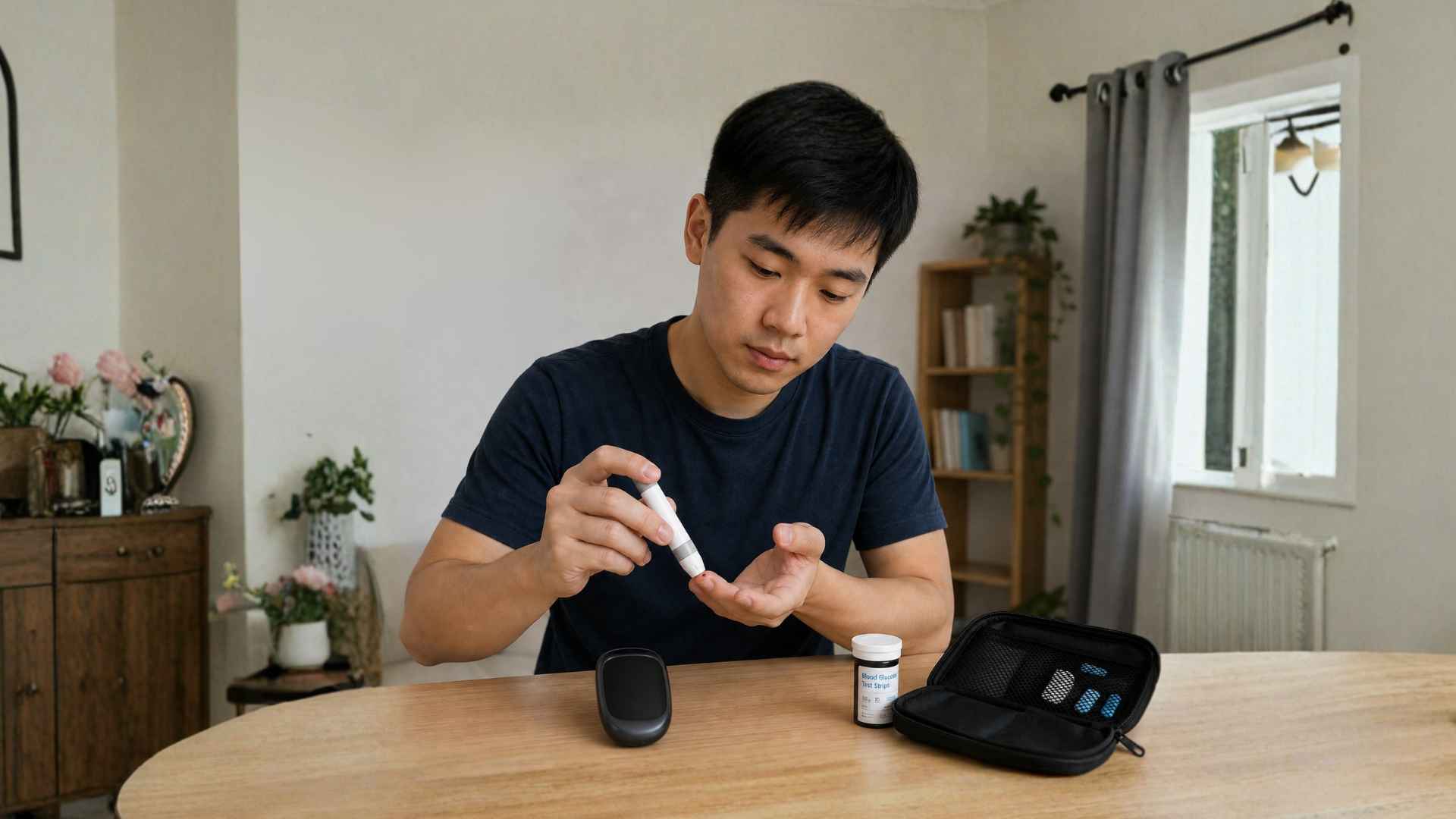 A young man taking blood sugar reading