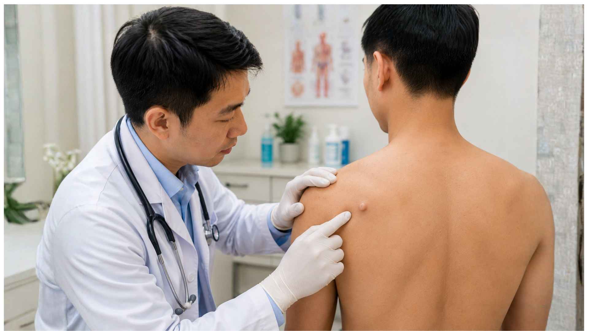 DR+ doctor examining a patient's skin lump during a minor surgical procedure consultation in Singapore