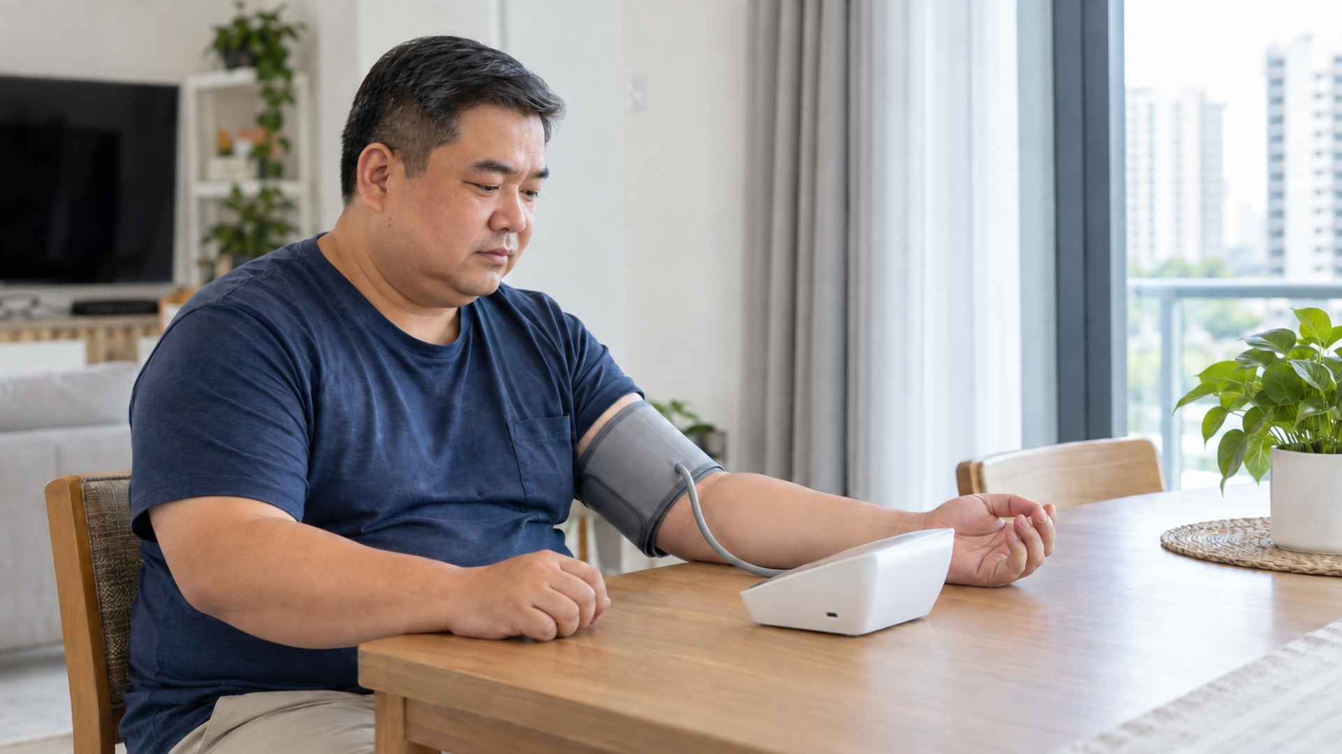 obese Asian man measuring his blood pressure at home with an upper-arm monitor.