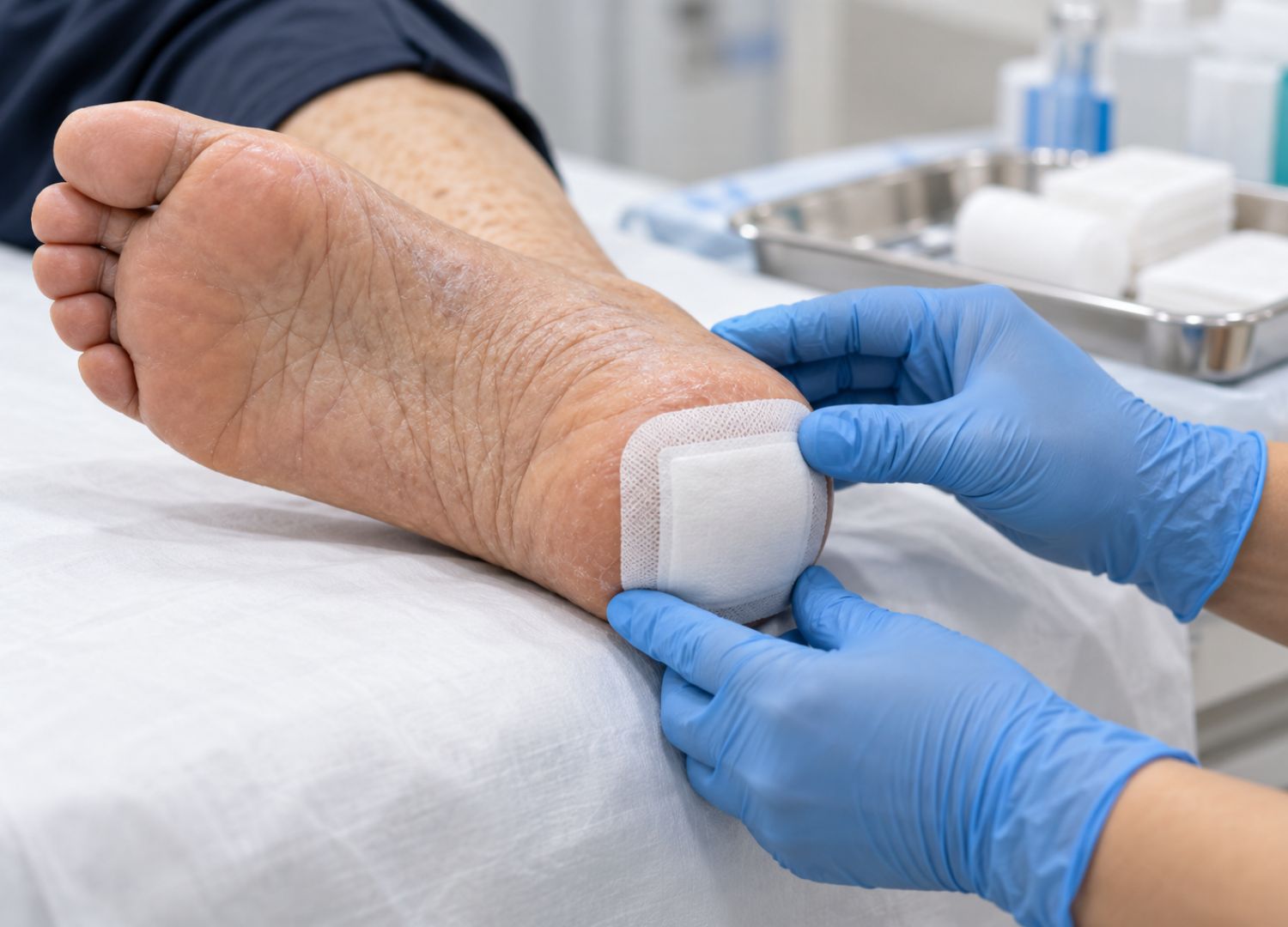 Gloved hands dressing a diabetic heel